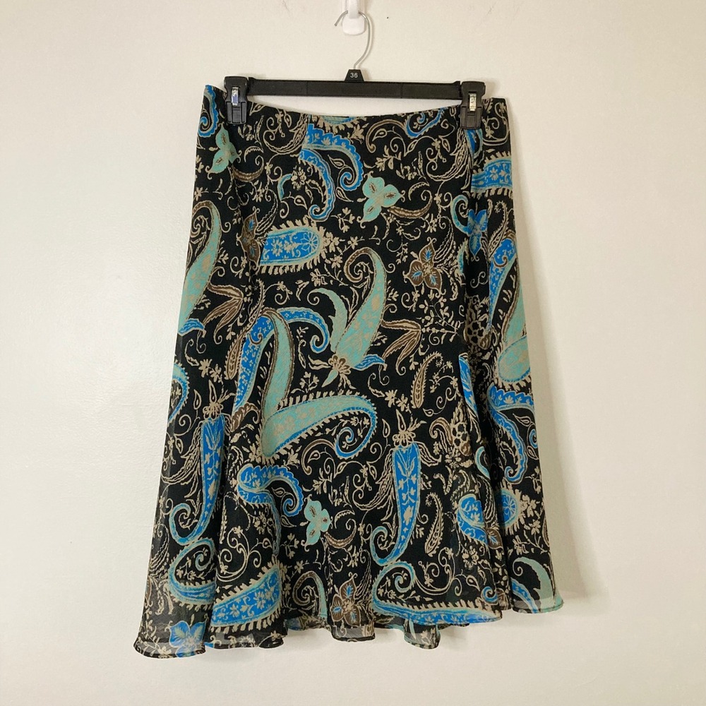 Boho East 5th Paisley Midi Skirt Black Blue Turquoise Lined XL Flowy Office